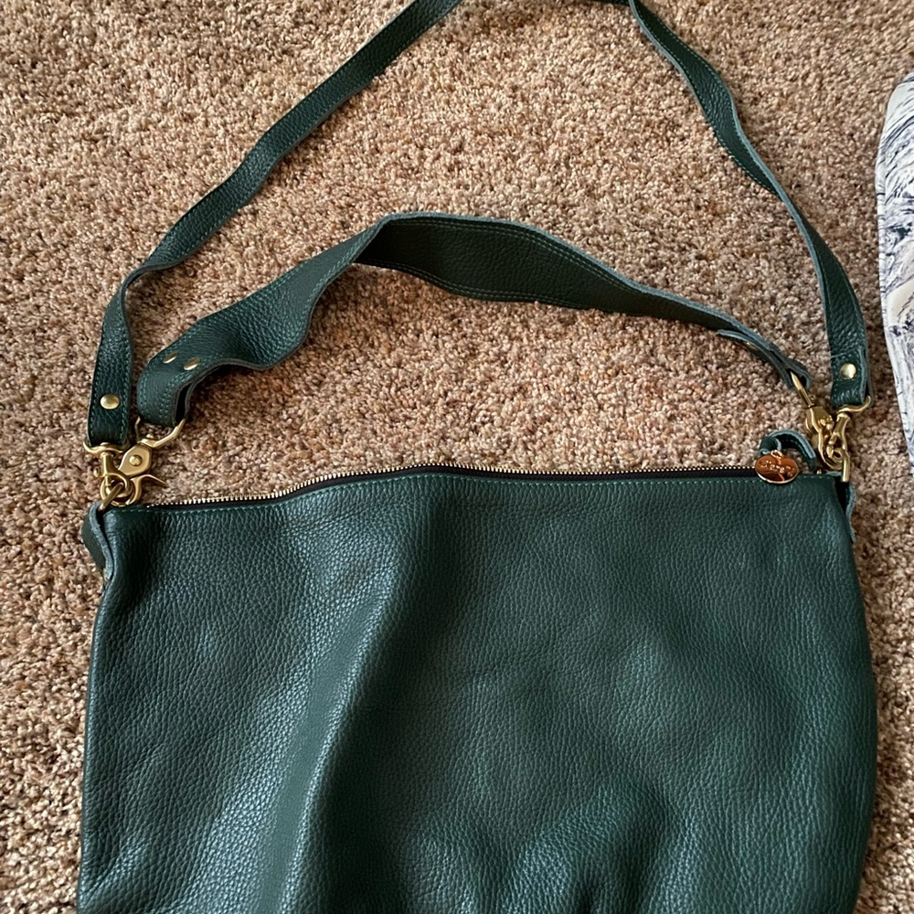Clare V Dark Green Leather Crossbody Bag with Gold Hardware